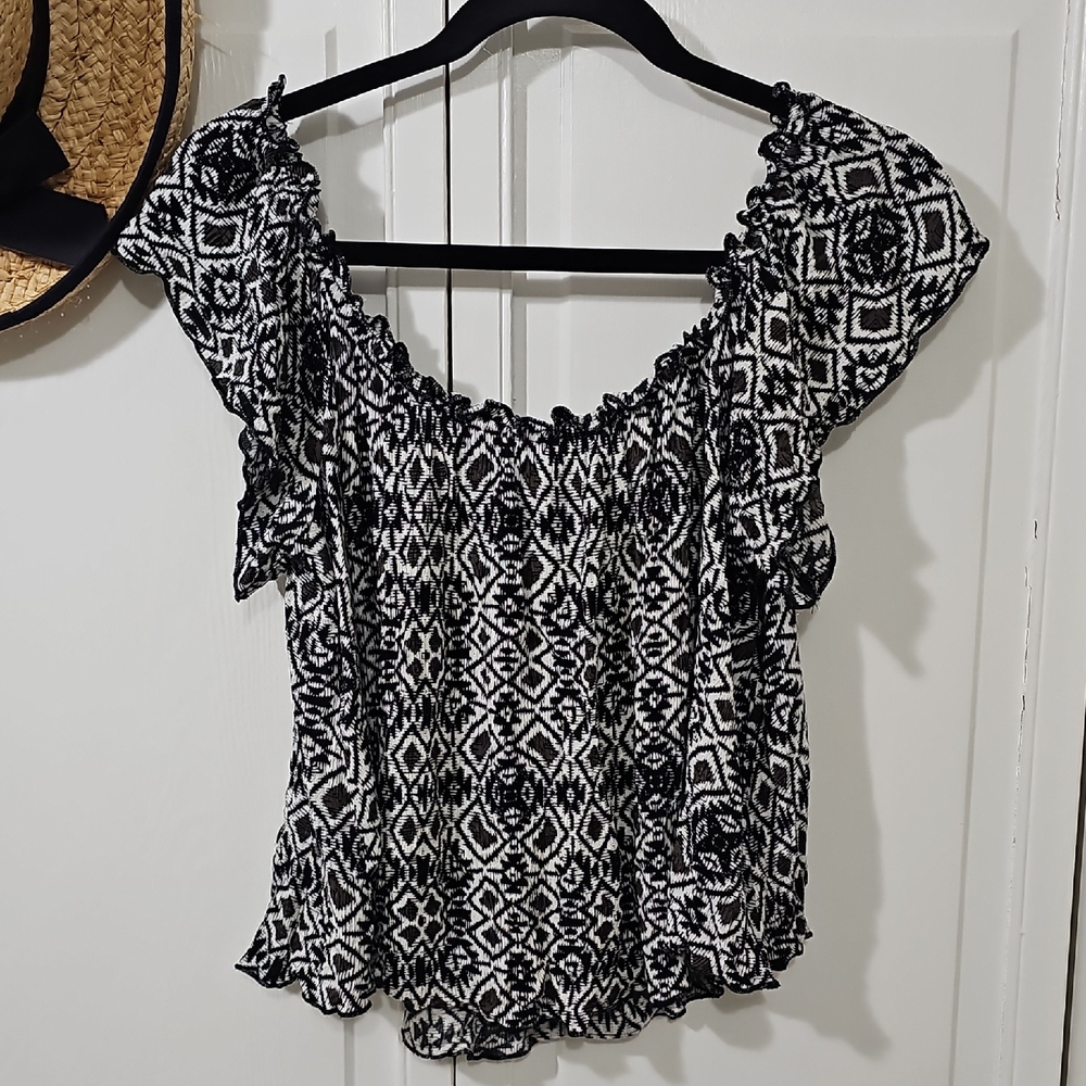 Society Girl  Black and White Monogram Patterned Blouse.